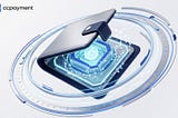 A high-tech digital wallet opening to reveal a glowing blue digital core and energy rings, featuring the CCPayment logo.