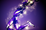 A floating person made of thick streaks of purple, black, and white, with pale yellow sparkles of light surrounding them