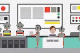Illustration of robots in office carrying books controlled by a single man