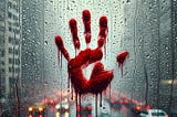 The author created this image of a bloody handprint on a rain-streaked window with a city street in the background using ChatGPT.