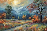 AI created oil painting of a mountain scene around late autumn to early winter, at sunset.