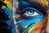 Vivid blue eye with colorful paint splashes on skin. Image created by author in Midjourney