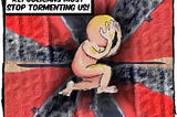 A cartoon of a cowering figure in front of a red and black background. The caption reads, “Republicans must stop tormenting us!”