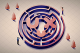 An illustration showing a maze in the shape of the Shopify UX logo — a winking face. A man stands at the entrance of the maze looking ahead to the end where a black woman is waving a flag. Trees flank the maze.