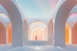 A lone figure stands at the entrance of a grand, futuristic hallway formed by receding white arches, bathed in soft orange and blue light, symbolizing the path into Agentic AI.