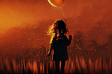 Apocalyptic imagery. Fire swept background. A girl with a a gas mask holding a red balloon in the foreground.