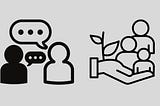 Graphic on the left of two people talking and a graphic on the right of a hand holding people and a sprouting plant symbolizing community.
