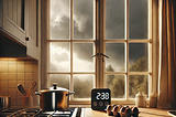 Kitchen with a casement window, soft sunlight streaming in while dark storm clouds gather outside.