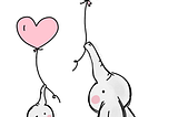 line drawn adult and baby elephants with heart balloons