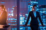 A high-achieving woman in a tailored navy suit stands in a sleek office at night, overlooking the city skyline. Her confident posture contrasts with her reflection, symbolizing the hidden weight of success and burnout.