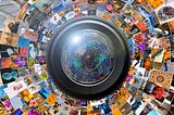 A digital illustration of a camera lens surrounded by digital photos.