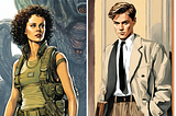 Illustrations of Sigourney Weaver as Ellen Ripley from the Alien series, alongside Matt Damon as Tom Ripley.