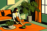 a woman sitting on an orange rug with a monstera