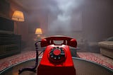 A red, pulse dialling phone with a rotary dialler on it. It sits atop a coffee table in a hazy, 1990’s living area.