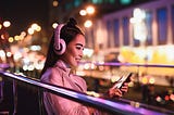 An eastern woman wearing bright pink headphones and a futuristic pink jacket using her phone at night and smiling