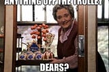 Trolley lady from Harry Potter and the Sorcerer’s (Philosopher’s) Stone film asking “Anything off the trolley dears?” while pushing a cart with magical-inspired sugary candies and treats.