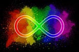The neurodiversity symbol (a rainbow colored infinity sign) over a black background.