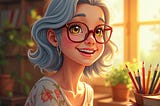 Gray hair woman teacher with glasses smiling.