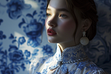 7 Midjourney V6. Advanced Prompting Technique — A portrait of a 18-year-old beautiful girl with oriental chinese style broken blue and white porcelain pattern, created with Midjourney