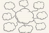 Desenho em formato de nuvens formando um mapa mental com várias nuvens conectadas entre si.