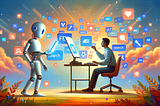 Portrait of human working in front of the computer with cloud of icons in the background and humanoid robot bringing some information to the human. Image generated by AI.