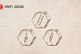 The picture shows three hexagonal objects. Each hexagon has engraved one symbol per each: a quill, a violin key and a reel of film tape. | DeFi DOJO