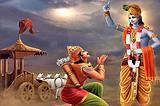 Lord Krishna giving lessons of The Bhagavad Gita to Arjun in the battlefield of Mahabharata