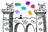 Two towers, one representing the design team, the other representing the product team with lots of different speech bubbles coming out of both. In the middle of the two towers there is a man.