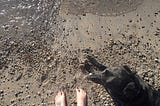 Sand and pebble ground, author’s feet and black lab dog laying the sand are shown at the bottom of the picture as water comes in from the top.