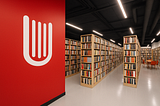 Modern bookstore interior with tall shelves of used books and a bold red wall, symbolizing accessibility and sustainability in reading.