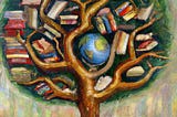 Image of a tree with books in its branches and Earth at the centre
