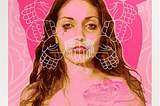 A solemn woman with mascara or dark tears running down her face is at the center of the bright, all pink toned artwork. Around and layered over this figure are pink Aztec symbols and iconography. At the bottom of the work, her chest is covered with pink blooming roses.