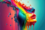 A female face melts into rainbow colors
