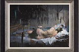 Painting in dark tones. The back of a naked woman reclined on a bed. The image is smeared, as if she is there but also is not