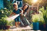 This is a playful and lively scene in the backyard garden, where Max and his mother are having a splashy adventure while watering the plants. It captures their joyous laughter and the fun, unforgettable way Max learned about responsibility.