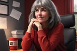 Gray haired woman sitting at a desk smiling and looking outward as she thinks about what to write