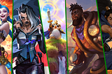 The key art for the Riot Games + Xbox Game Pass partnership. Shown from left to right are Jinx (from League of Legends: Wild Rift, Fade (from VALORANT), Pengu (from Teamfight Tactics), K’sante (in League of Legends), and Yasuo (in Legends of Runeterra).