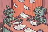 An illustrative drawing of cartoon robots studying