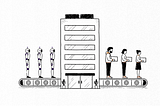 Illustration of a large office building positioned between two conveyor belts. On the left, three humanoid robots stand on a conveyor belt moving toward the building. On the right, three human workers stand on a conveyor belt carrying boxes away from the building. The black-and-white hand-drawn illustration symbolizes AI and automation reshaping human jobs in the workplace.