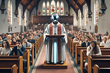 A robot priest with bored parishoners in the pews.