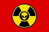 A red flag with a radiation warning sign containing an alien.