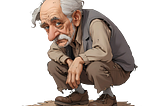 Computer generated image of an old man crouching.