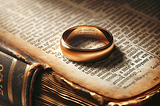 A golden wedding ring resting on an open Bible.