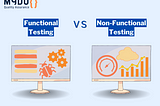 The image contains sentence “Functional testing vs non-functional testing”, two personal computers, the monitors show: list, bug, gear, gauge, cloud, and graphic.