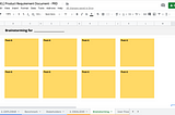 A Google Sheets document which has the Product Design process and it is opened in a tab called "Brainstorming".