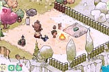 A screenshot of a scene from the Cozy Grove game. A spirit scout standing near their camp fire which has a wooden fence.