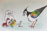 A lapwing male greets a lapwing chick emerging from its shell with a group of animals looking on behind it — a kitten, weasel, wagtail, and duckling.