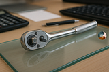 A ratchet tool on an elegant glass tray that is sitting on a wooden desk with other office equipment.