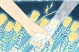 two hands holding each other, one looks like a spirit, the other human