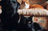 an AI generated picture of a black lab, a black cat and an orange cat on a large cushion in the background.
